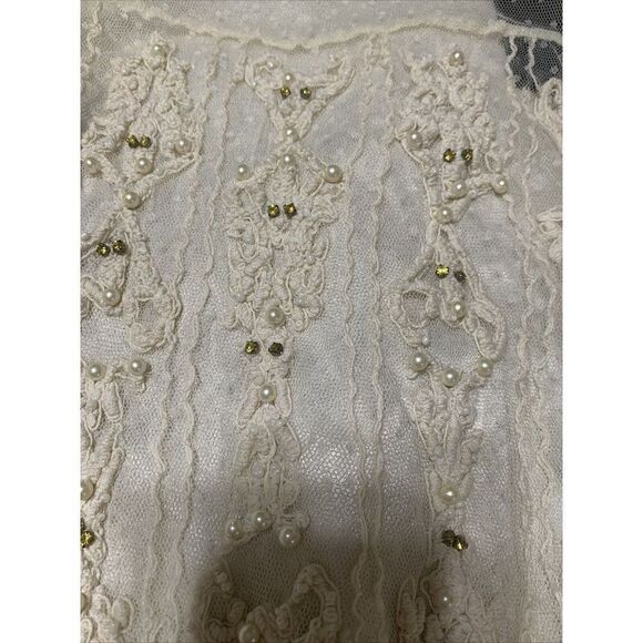 Guess New Cream Sheer Long Sleeve Embellished Nylon Blouse Top Medium - Picture 3 of 7
